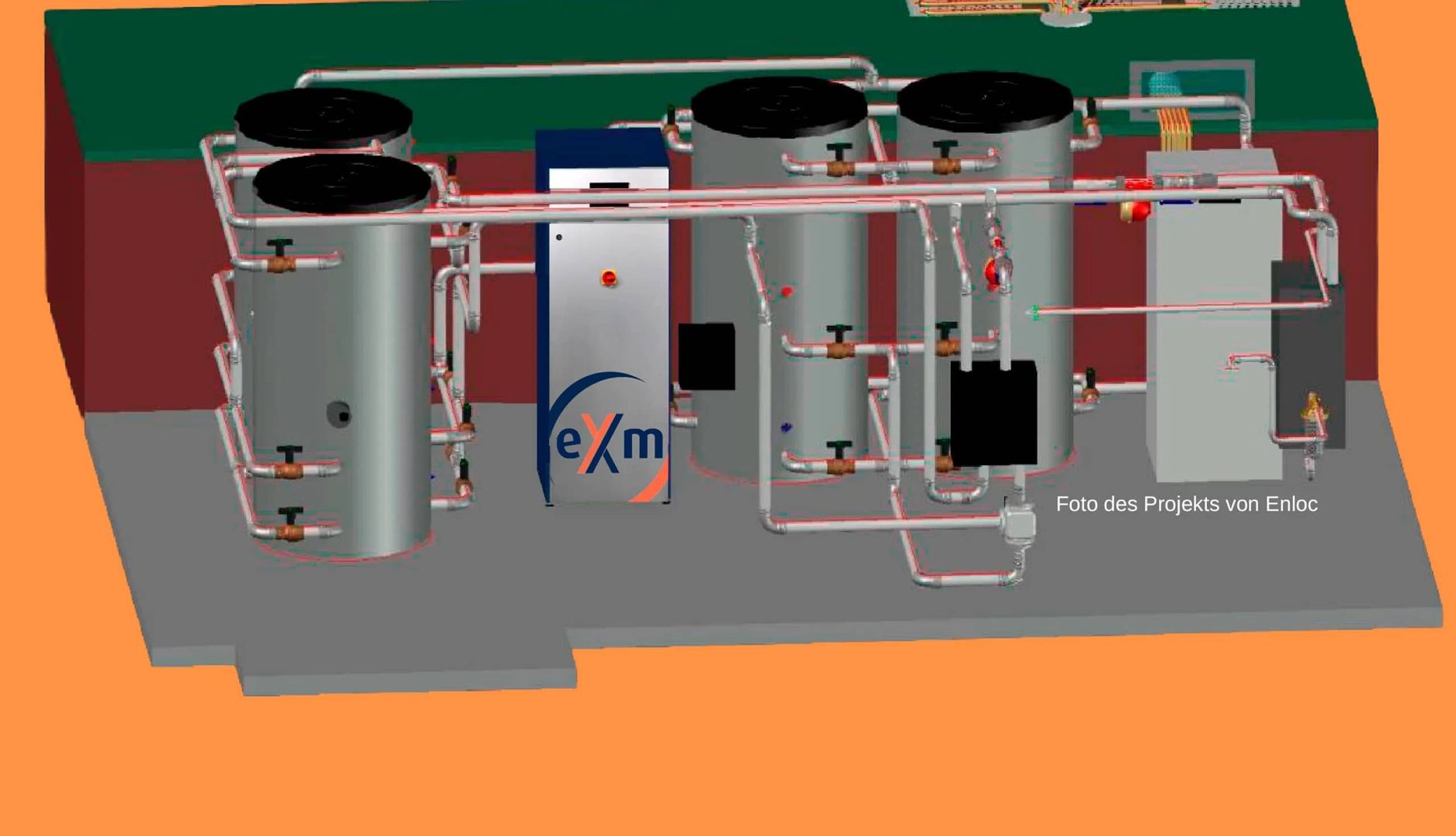 Dreidimensionale schematische Darstellung einer Heizungsanlage mit mehreren großen grauen Pufferspeichern, einer zentralen eXm-eXergiemaschine und einem komplexen Rohrleitungssystem für ein Projekt von Enloc.