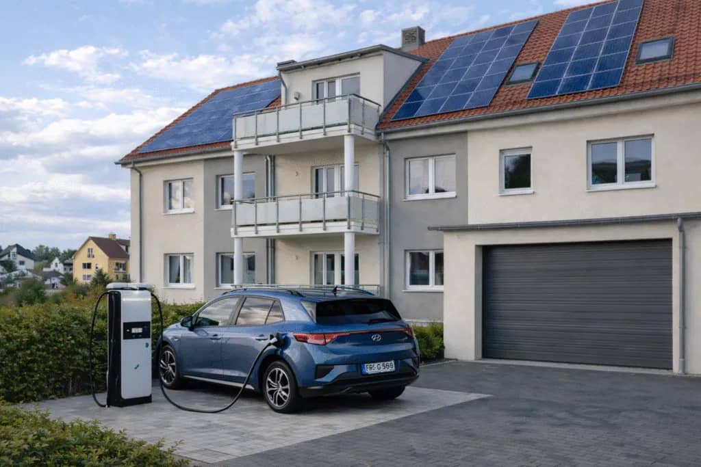 Ein blauer Hyundai Ioniq 5 lädt an einer weißen Ladesäule vor einem modernen Mehrfamilienhaus mit einer großen Photovoltaikanlage auf dem Ziegeldach.